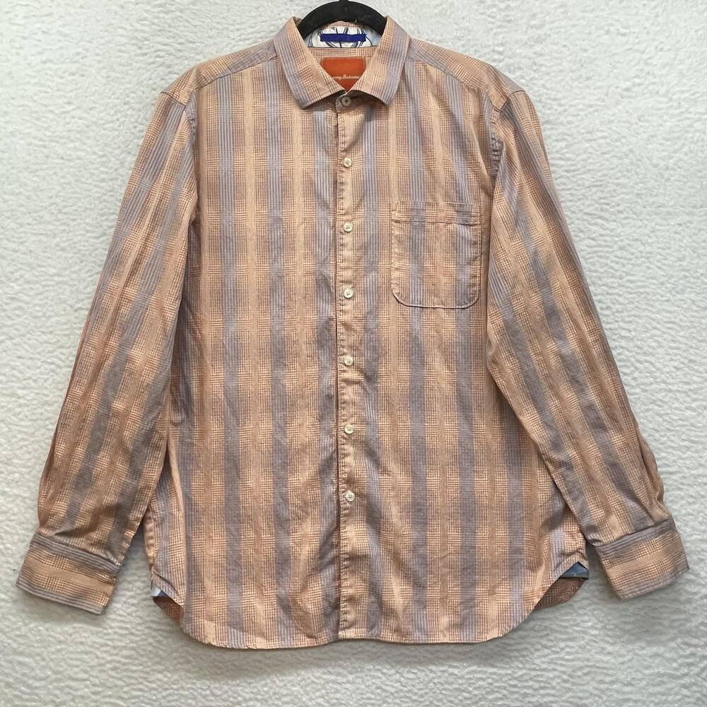 Tommy Bahama Shirt Mens Large Orange Blue Stripe Cotton Long Sleeve Button Front